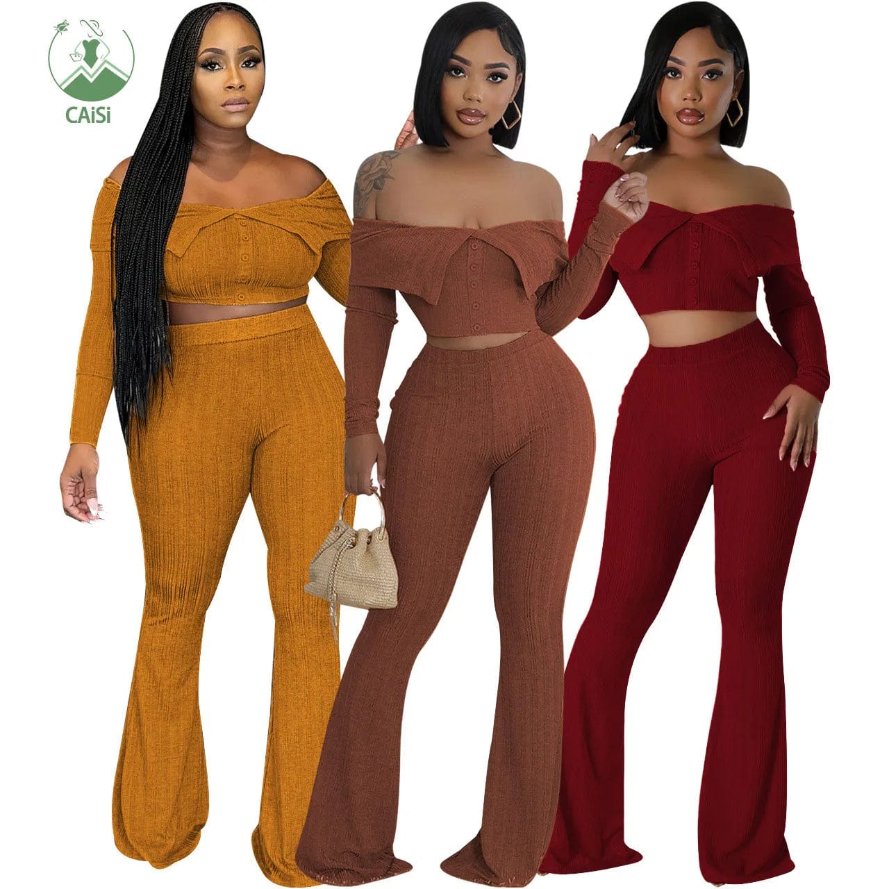 Fall Winter 2024 Women Clothes Solid Color Knitted 2 Piece Set Fashion Long Sleeve Crop Top and Flared Pants Woman Outfit