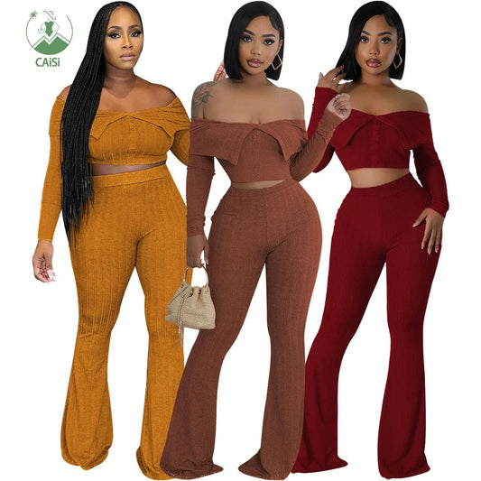 Fall Winter 2024 Women Clothes Solid Color Knitted 2 Piece Set Fashion Long Sleeve Crop Top and Flared Pants Woman Outfit