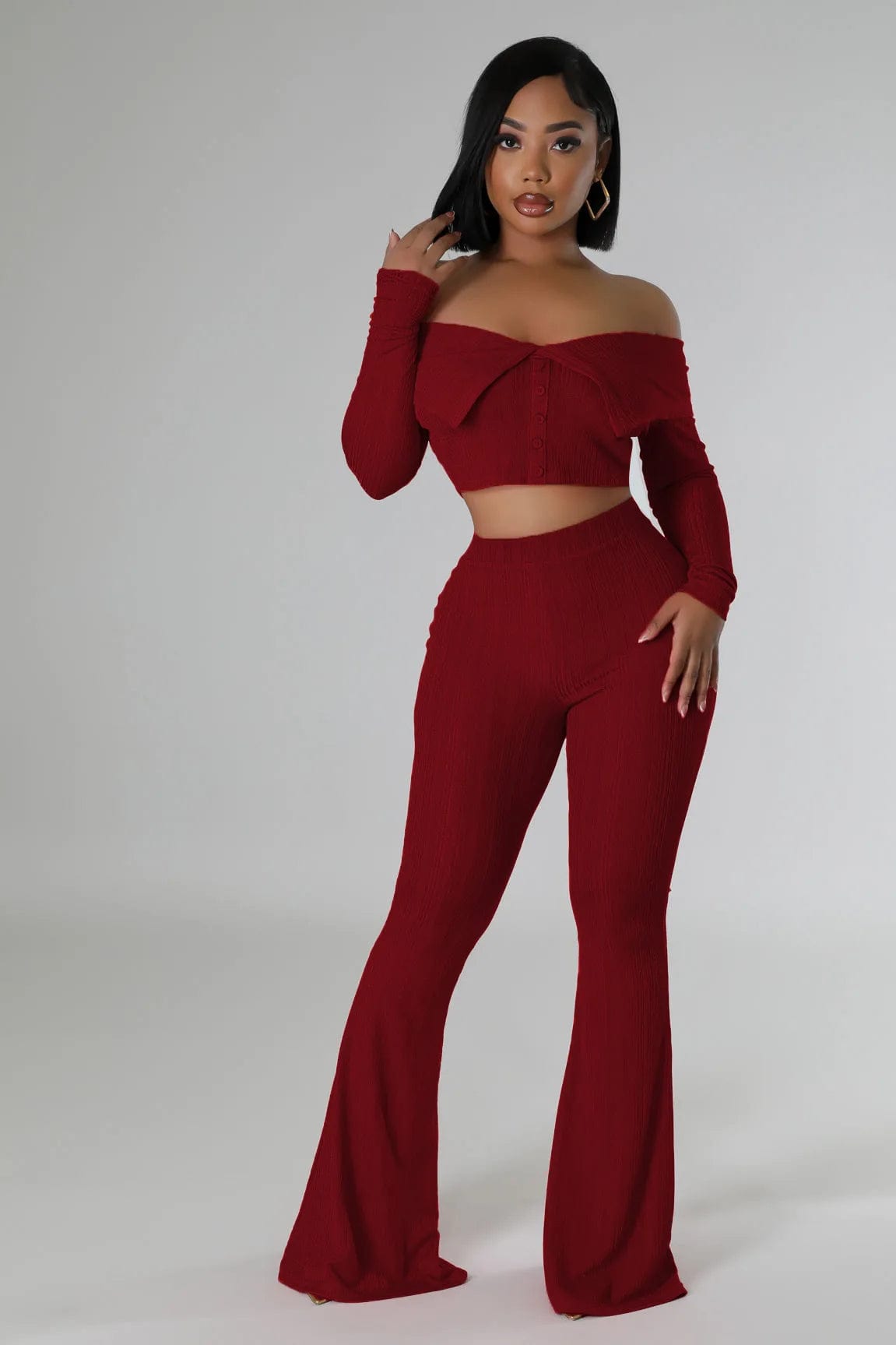 Fall Winter 2024 Women Clothes Solid Color Knitted 2 Piece Set Fashion Long Sleeve Crop Top and Flared Pants Woman Outfit