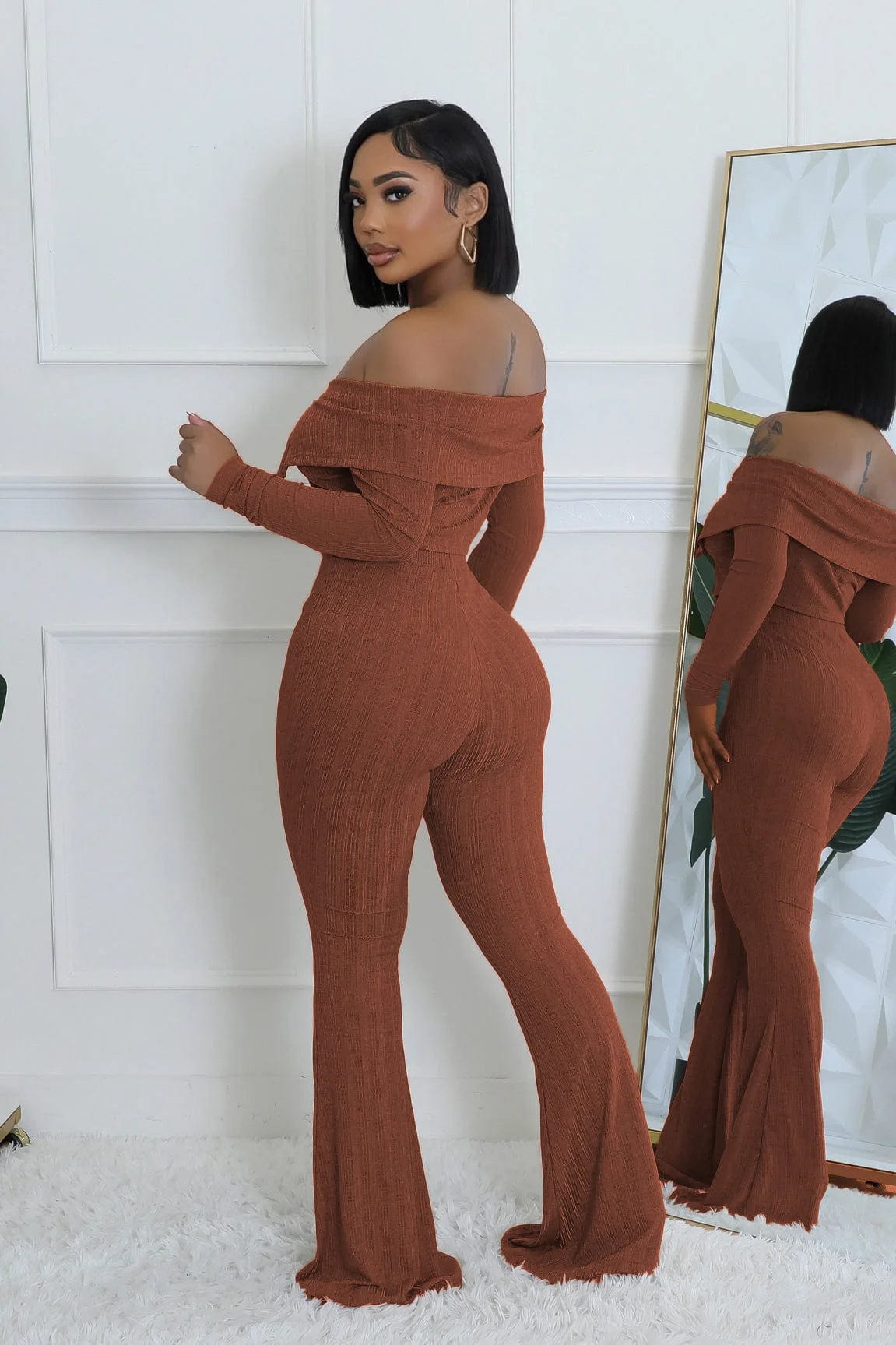 Fall Winter 2024 Women Clothes Solid Color Knitted 2 Piece Set Fashion Long Sleeve Crop Top and Flared Pants Woman Outfit