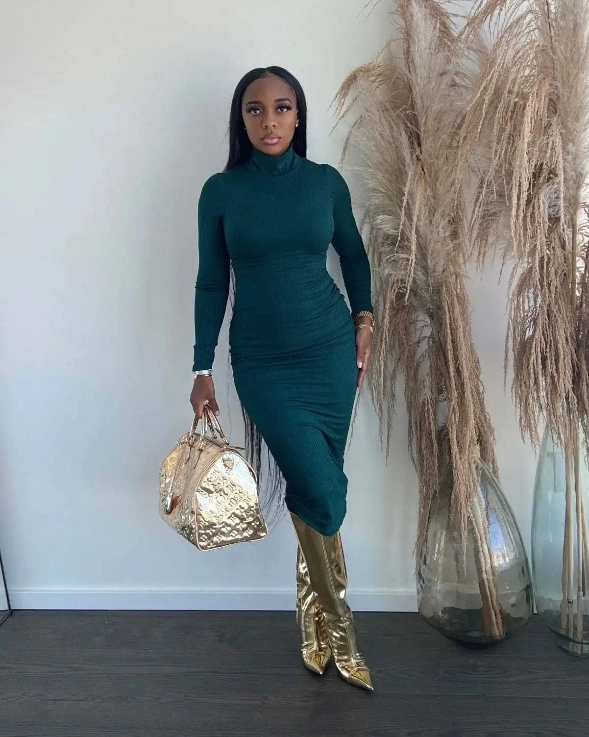 Fall &Winter Women Dress Slim Fit Bodycon Turtleneck Ribbed Ladies Solid Long Dress for Women Clothing