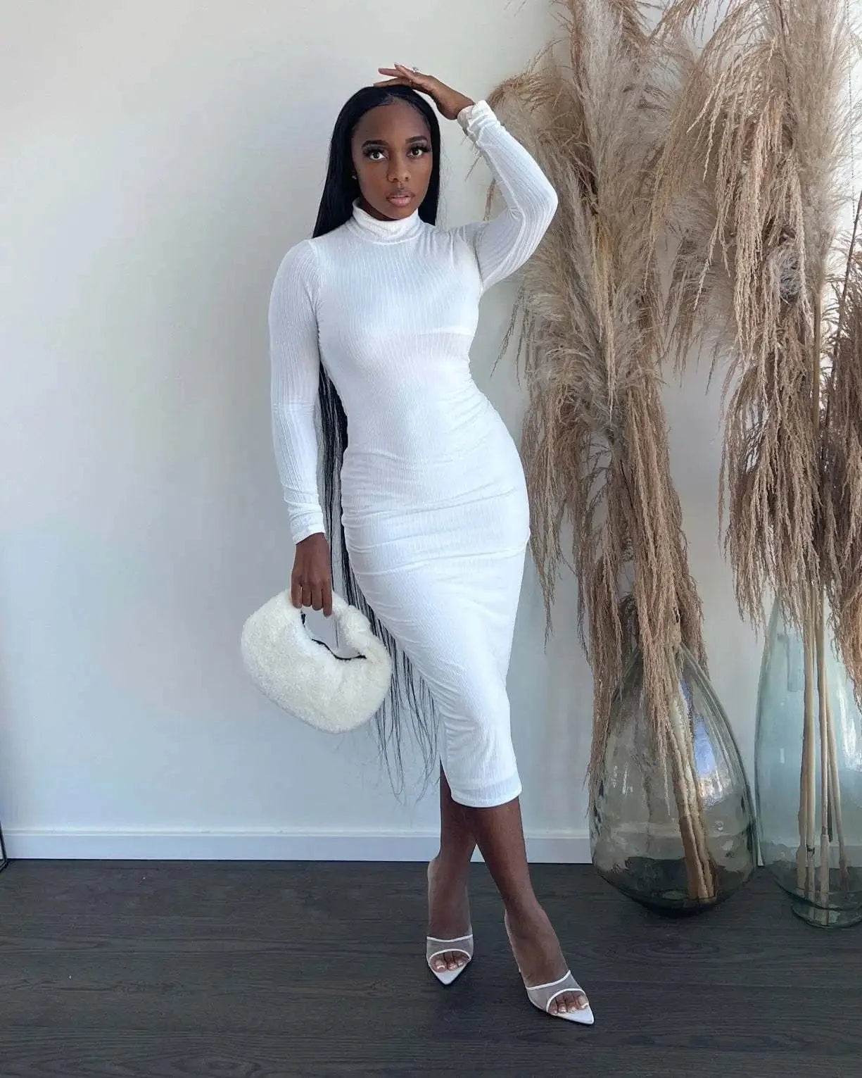 Fall &Winter Women Dress Slim Fit Bodycon Turtleneck Ribbed Ladies Solid Long Dress for Women Clothing