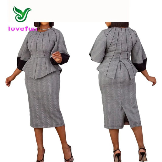 Fall Winter Women's Clothing Patchwork Lantren Sleeve Tops And Midi Skirt Set Fashion Print Split 2 Piece Skirt Set