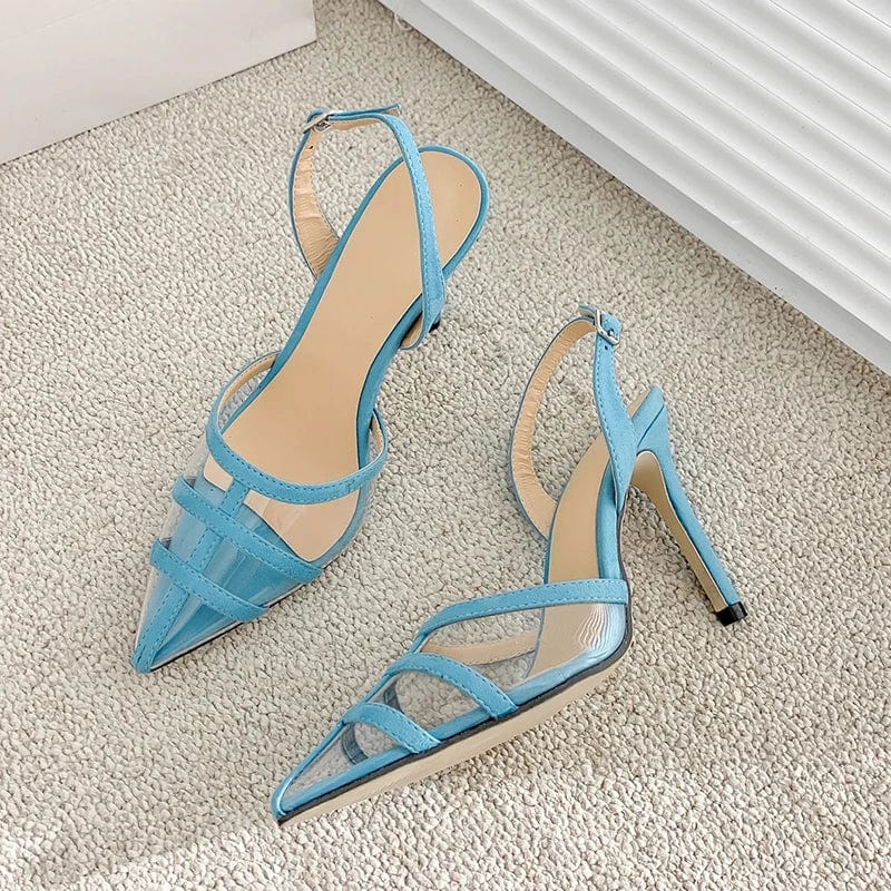 fancy shoes for ladies blue pointed head stripe party shoes buckle manufacturer sandals pointed toe women medium heel shoes