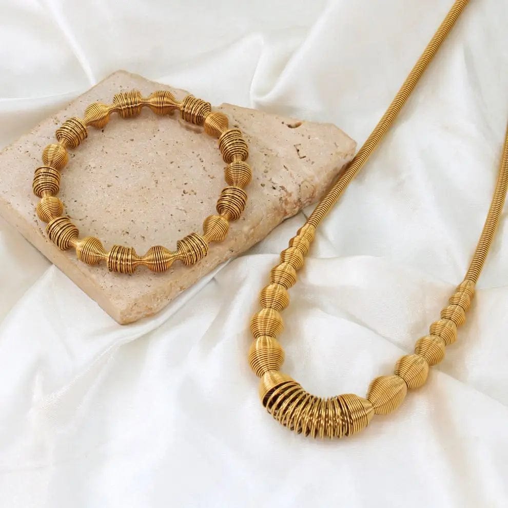 FANJIN Stylish Txetured Elastic Stainless Steel Jewelry Set Temperament Women's Gold Color Daily Wear Accessories Wholesale