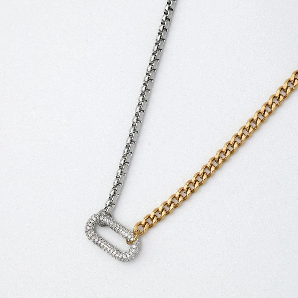 fashion / 16.5inch / YF5078-silver charm Tarnish Free 18k Gold Plated Stainless Steel Cuban Chain Splicing Chain Necklace Boho Oval Iced Out Zircon Lady Necklace YF5078
