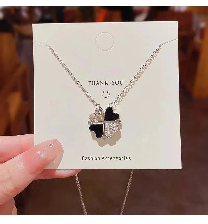 fashion / 18inches / Silvery Four-leaved grass necklace Women wear a double-sided love collarbone necklace to send gifts to girlfriend Creative fashion penda
