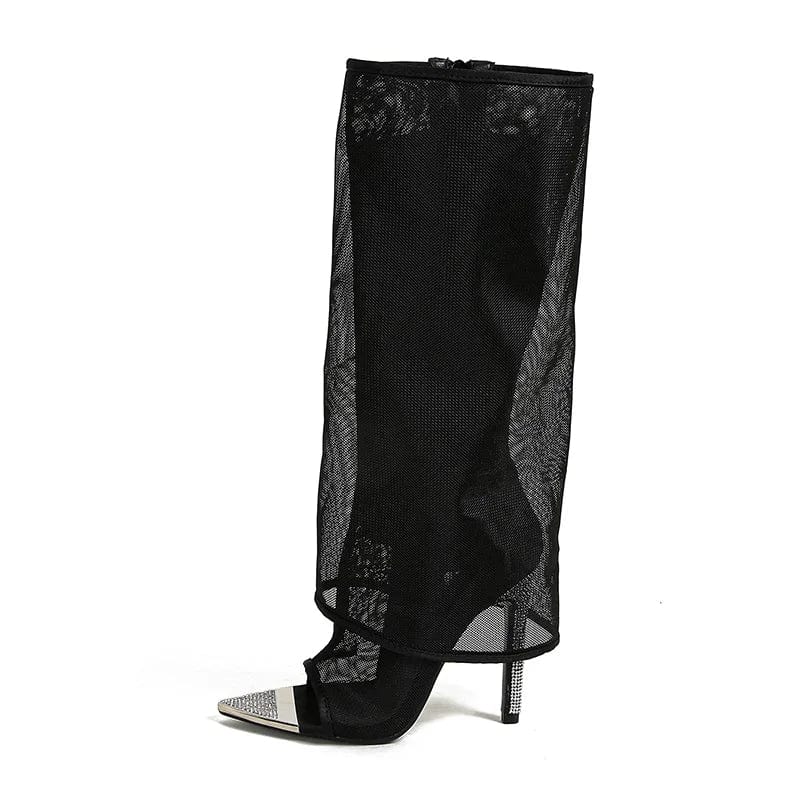 Fashion 2024 hot sale factory ready stock mesh iron head rhinestone decorative pointed zipper high heel cool boots 42
