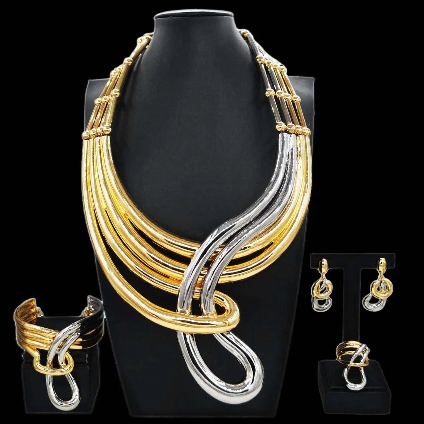 Fashion 24 k Gold Plated Bracelet Necklace Jewelry Set African Jewelry For Women 2 Tones Gold And Silver Jewelry Necklace Sets