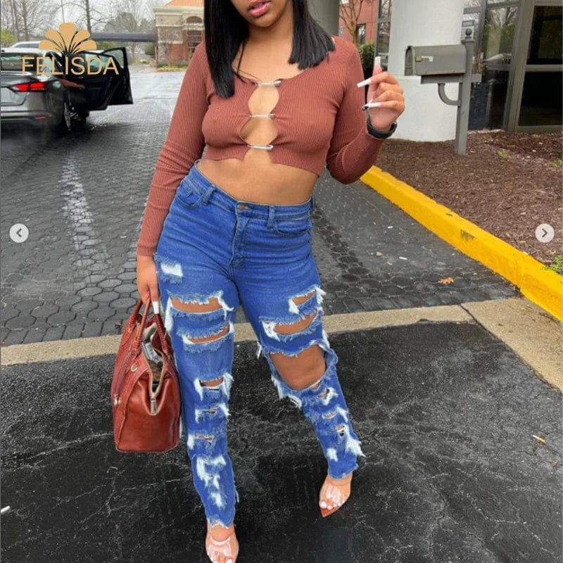 Fashion 3xl Plus Size Ripped Women Jeans Streetwear Broken Holes High Waist Stretch Trousers Female Casual Denim Pants Jeans
