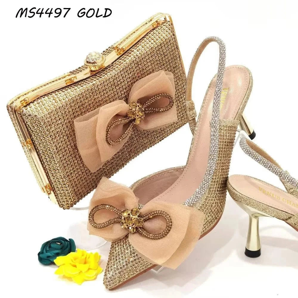 Fashion African bow Women Shoes With Italian Matching Bags Wholesale Custom High Heels Pumps Shoes and Bag Set