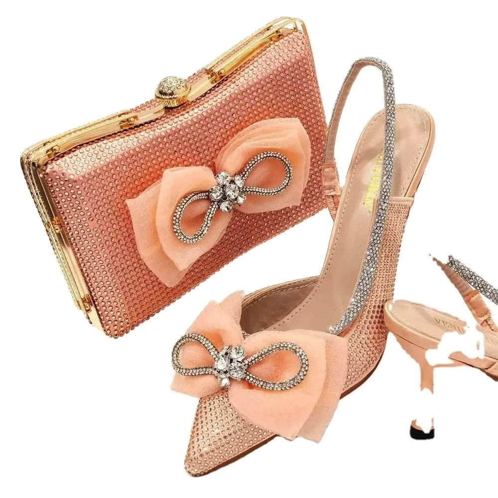 Fashion African bow Women Shoes With Italian Matching Bags Wholesale Custom High Heels Pumps Shoes and Bag Set