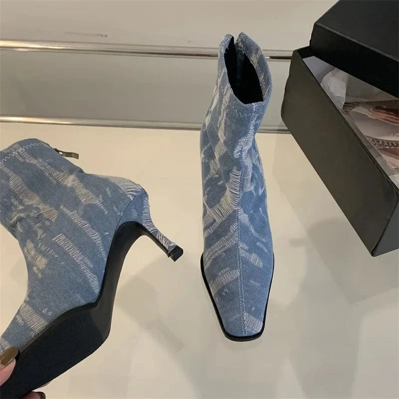 Fashion Bling Denim Flowers High Heels Boots Women 2023 Autumn Sexy Pointed Toe Ankle Boots Woman Zipper Thin Heeled Short Botas