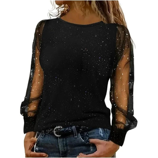 Fashion Blouse Women Glitter Puff Sleeve Sheer Mesh Print Elegant Long Sleeve Office Shirt 2025 Blouses Spring Ladies Casual Top