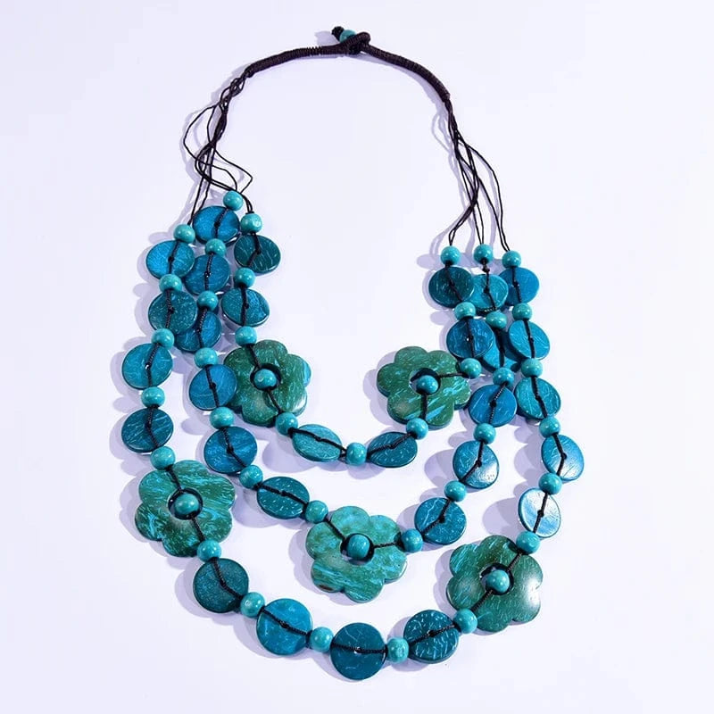 Fashion / Blue Hot Sale Flower Coconut shell Wood Beads Necklaces for Women Bohemian Ethnic Jewelry Handmade  Long Statement Necklace