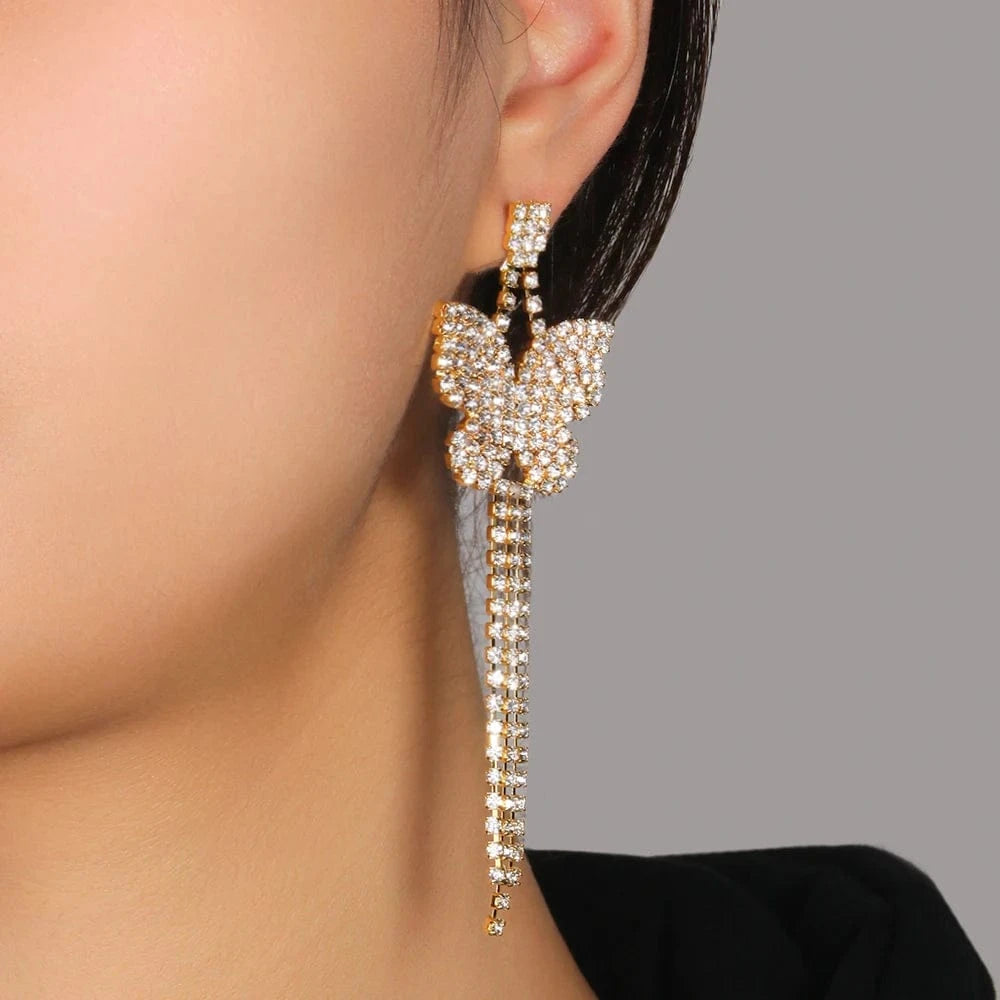Fashion Butterfly Tassel Stud Rhinestone Earrings Earrings Jewelry For Women Wedding Bridal Bling Crystal Earrings Wholesale