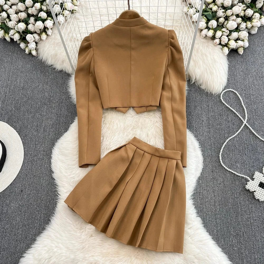 Fashion Celebrity Style Two Piece Set Autumn New Long Sleeve Suit Coat High Waist Pleated Half Body Short Skirt Set