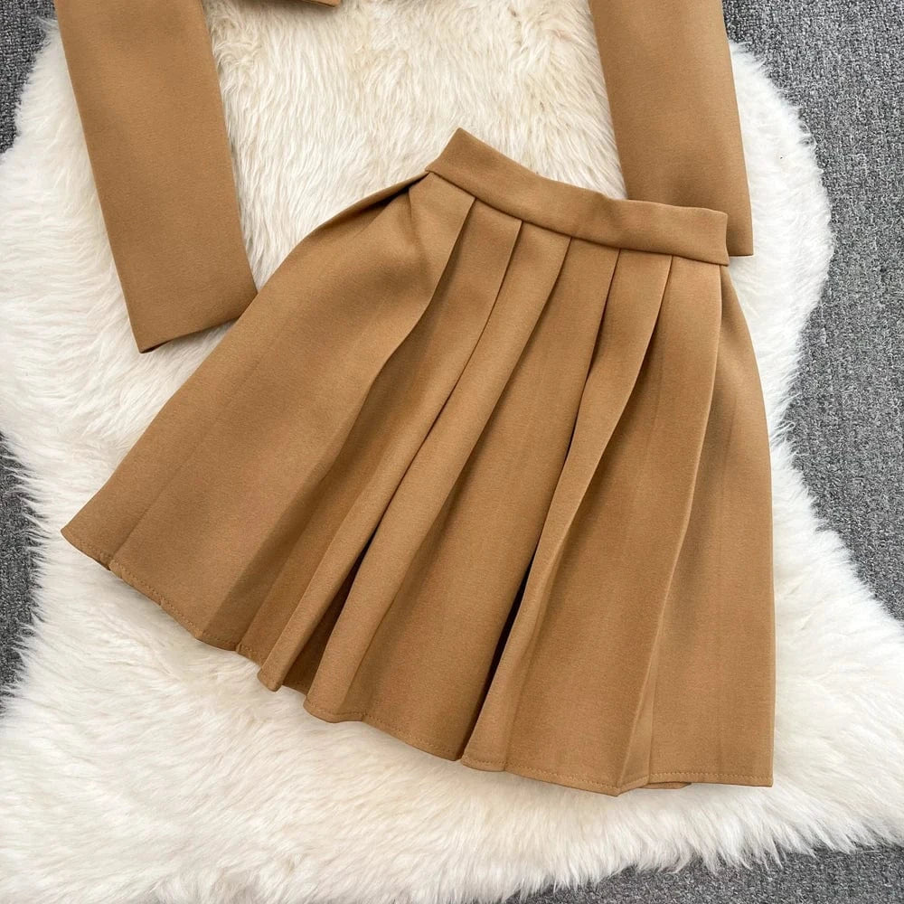 Fashion Celebrity Style Two Piece Set Autumn New Long Sleeve Suit Coat High Waist Pleated Half Body Short Skirt Set