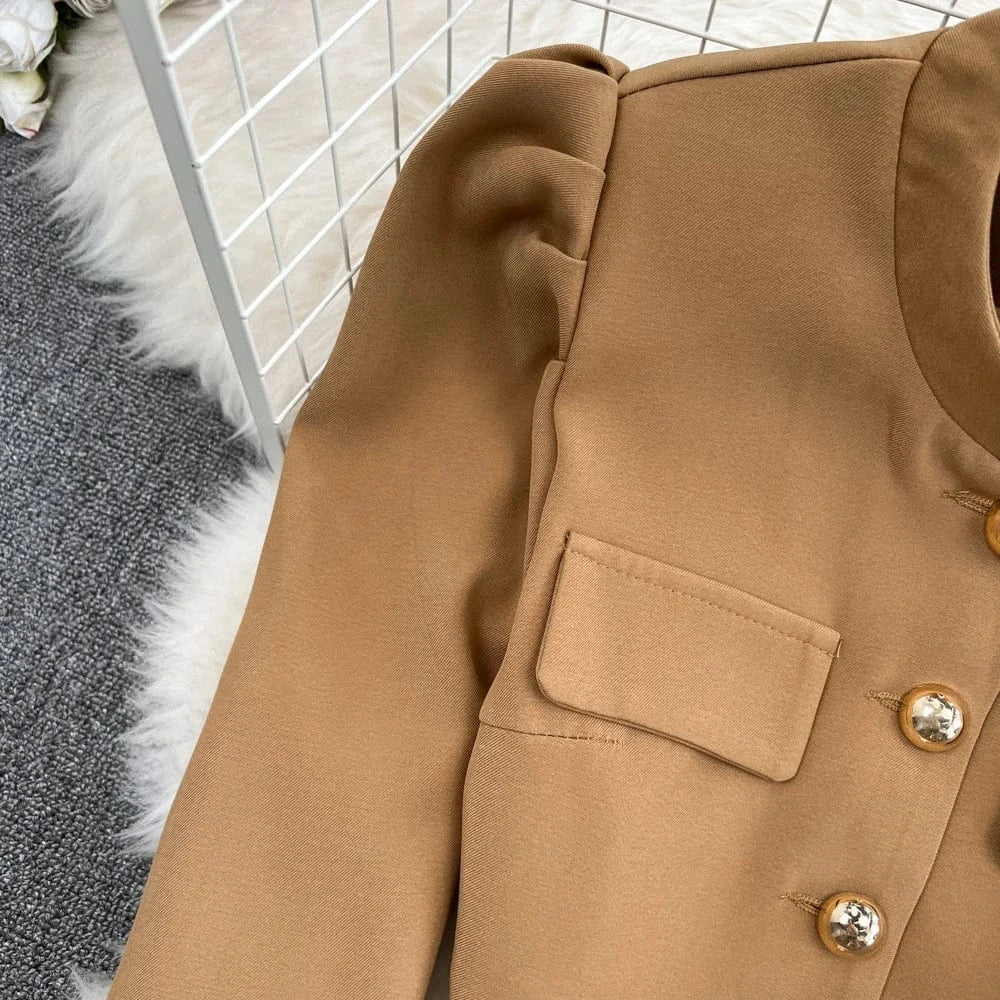 Fashion Celebrity Style Two Piece Set Autumn New Long Sleeve Suit Coat High Waist Pleated Half Body Short Skirt Set