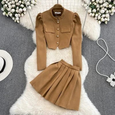 Fashion Celebrity Style Two Piece Set Autumn New Long Sleeve Suit Coat High Waist Pleated Half Body Short Skirt Set
