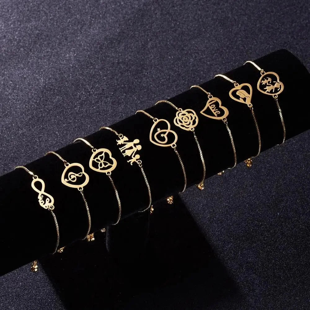 Fashion Charm Gold Stainless Steel Hollow Heart Butterfly Flower Music Note Women Bracelet