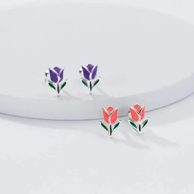 Fashion Colorful Enamel Tulips Flower Shape Screw Ball Stud Earrings Wholesale 925 Sterling Silver Girls Summer Jewelry Gifts