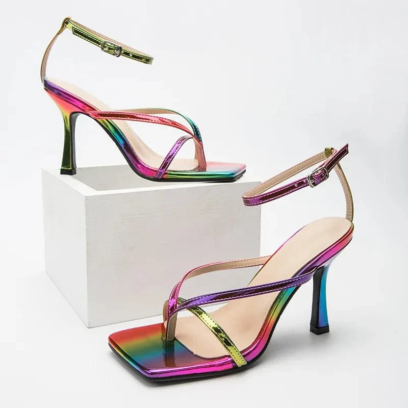 Fashion custom logo heels rainbow color 10cm high heels sandals plus size ankle heeled sandals