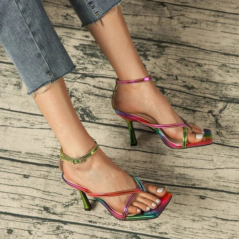 Fashion custom logo heels rainbow color 10cm high heels sandals plus size ankle heeled sandals