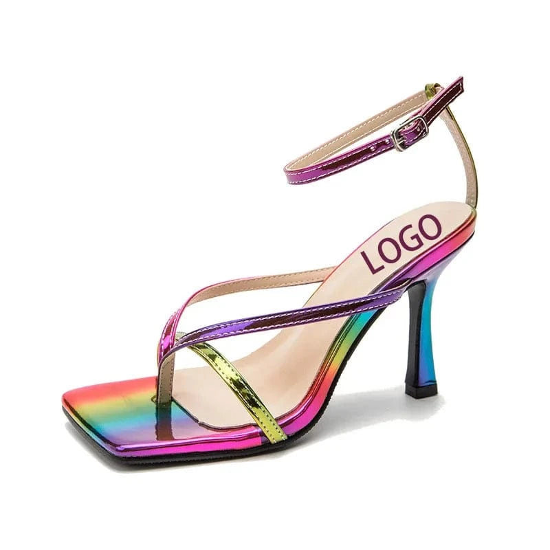 Fashion custom logo heels rainbow color 10cm high heels sandals plus size ankle heeled sandals