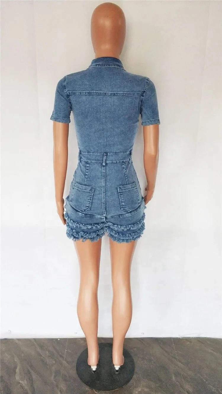 Fashion Denim Fur Tassels Shorts Rompers Women Turndown Collar Short Sleeve Slim Jumpsuits Casual Solid Button Overalls