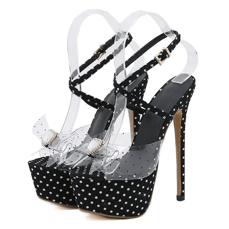 Fashion Design Polka Dot PVC Transparent Sandals For Women Wedding Open Toe Crystal Buckle Bowknot Heels Platform Shoes 2023