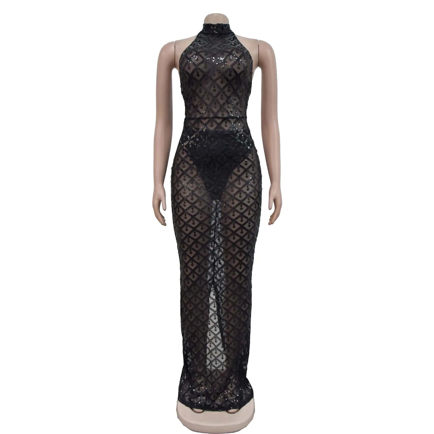 Fashion Design Sexy Solid Color Sequins Halter Bodycon Backless Club Maxi Dress For Women Sehe Fashion