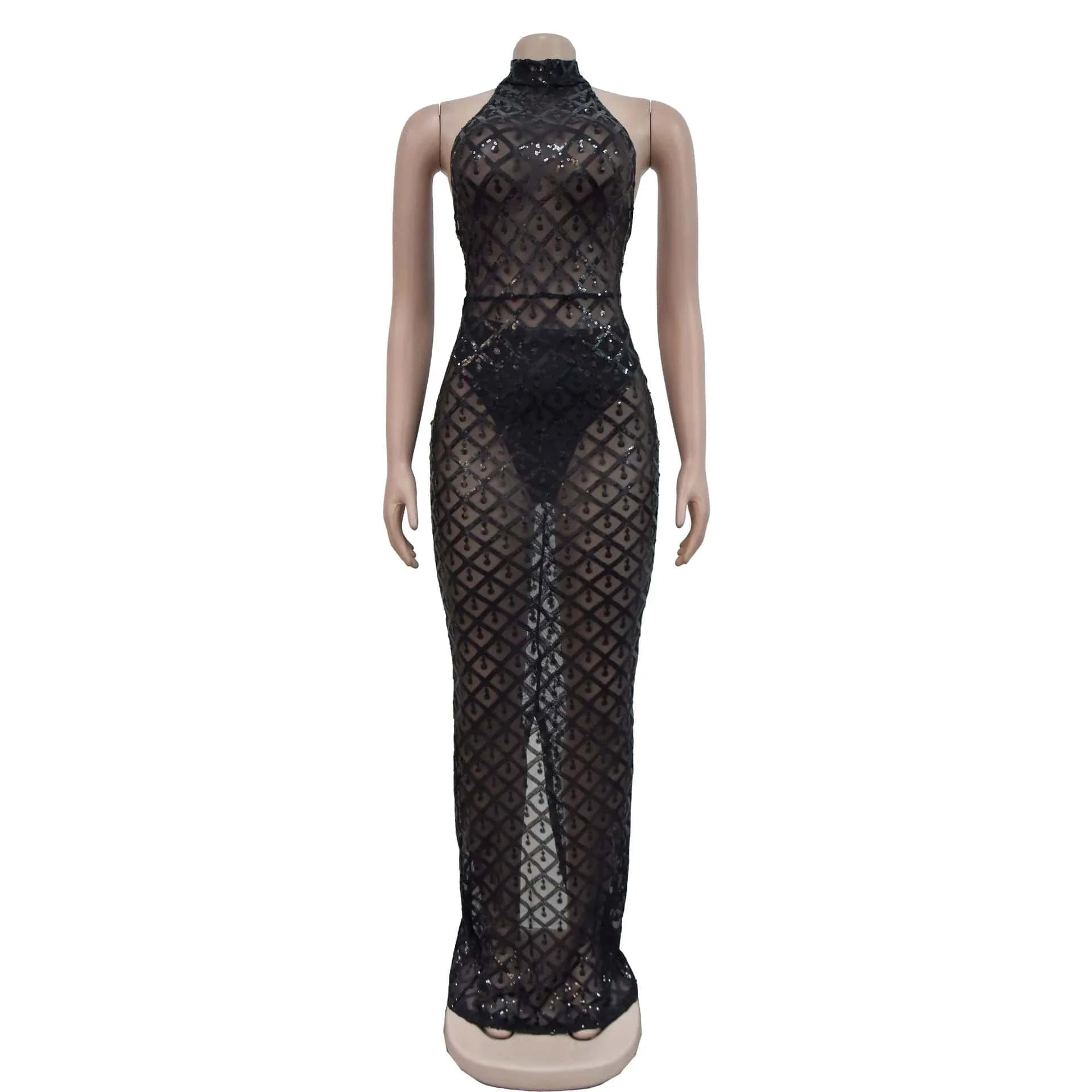 Fashion Design Sexy Solid Color Sequins Halter Bodycon Backless Club Maxi Dress For Women Sehe Fashion