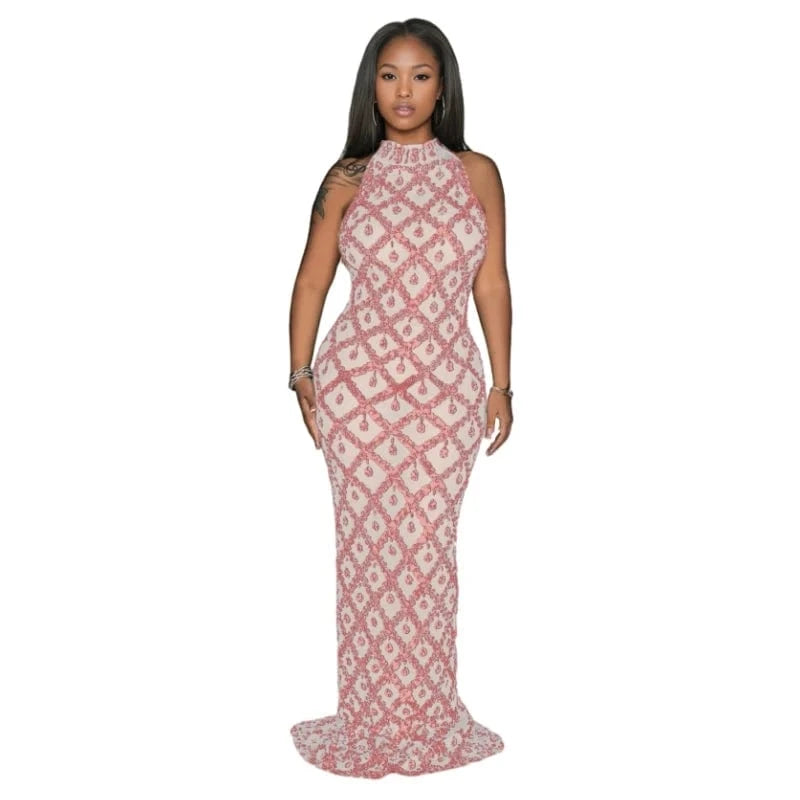 Fashion Design Sexy Solid Color Sequins Halter Bodycon Backless Club Maxi Dress For Women Sehe Fashion