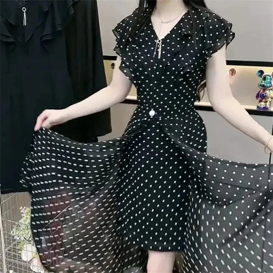 Fashion Dress Set Women's 2024 Summer New Polka Dot Style Sweet and Slim Ruffle Dress+Apron Two Piece Set Black V-Neck Dress Lad