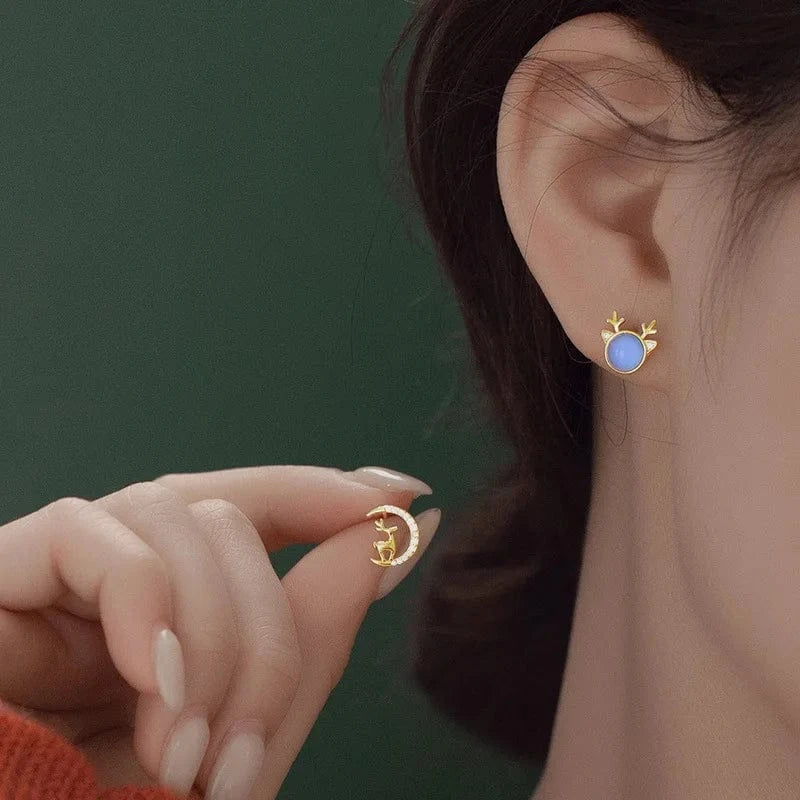 fashion earrings jewelry 925 sterling silver Christmas earring Elk deer moon cats-eys stone gold plated stud earrings for women