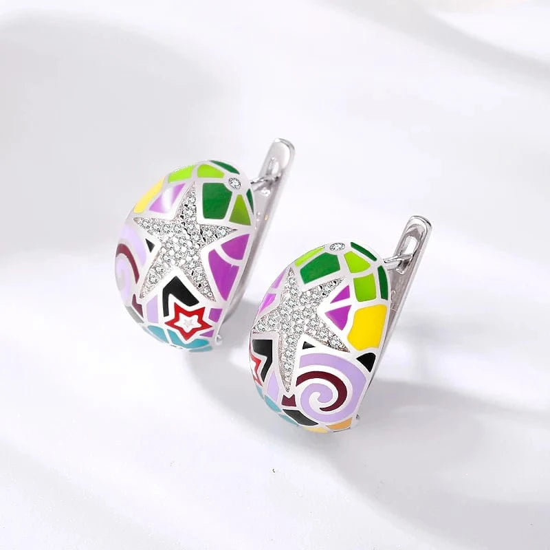 Fashion Elegant 925 Silver CZ Earrings for Women Handmade Enamel Blue river blooming Flower Pattern Party Earrings Jewelry Gift
