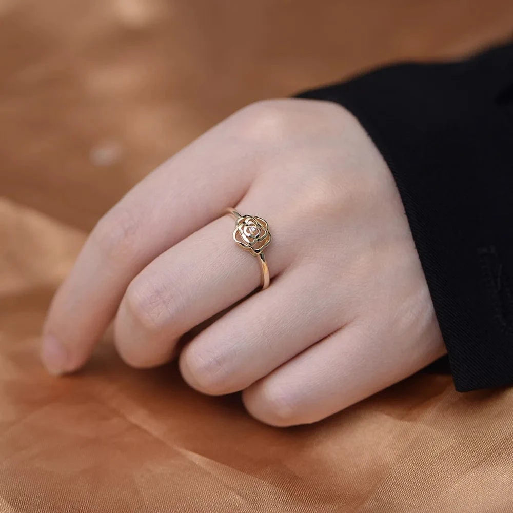 fashion fine jewelry 925 sterling silver flower camellia diamond zircon gold plated rings for women
