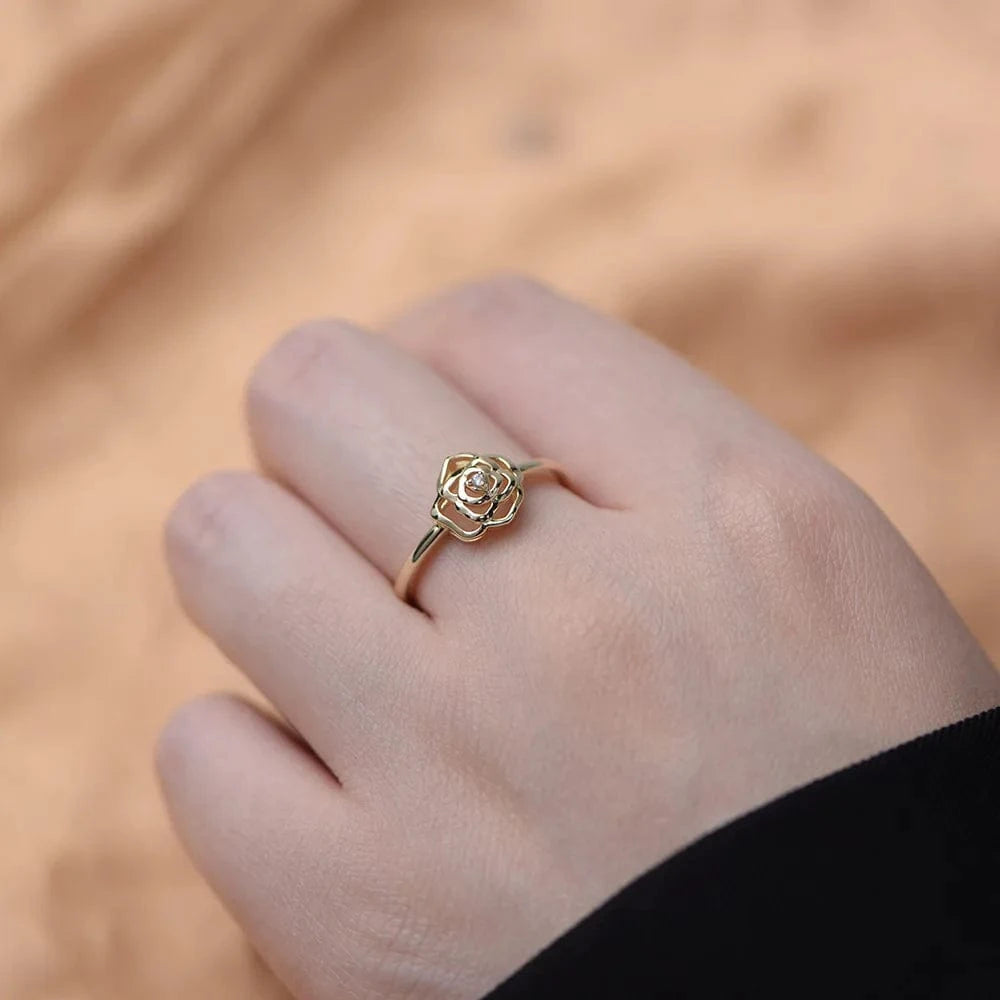 fashion fine jewelry 925 sterling silver flower camellia diamond zircon gold plated rings for women