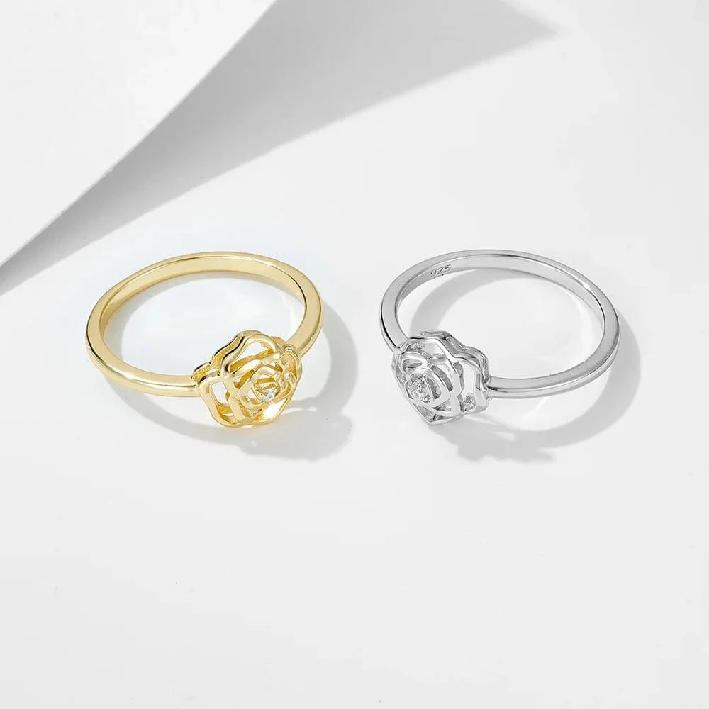 fashion fine jewelry 925 sterling silver flower camellia diamond zircon gold plated rings for women