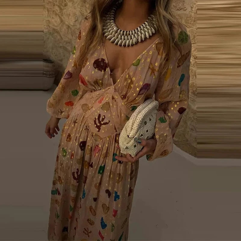 Fashion Hight Waist Pleated Chiffon Party Dress Sexy V-neck Long Sleeve Loose Long Dress Women Elegant Pattern Print Beach Dress