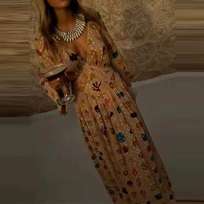 Fashion Hight Waist Pleated Chiffon Party Dress Sexy V-neck Long Sleeve Loose Long Dress Women Elegant Pattern Print Beach Dress