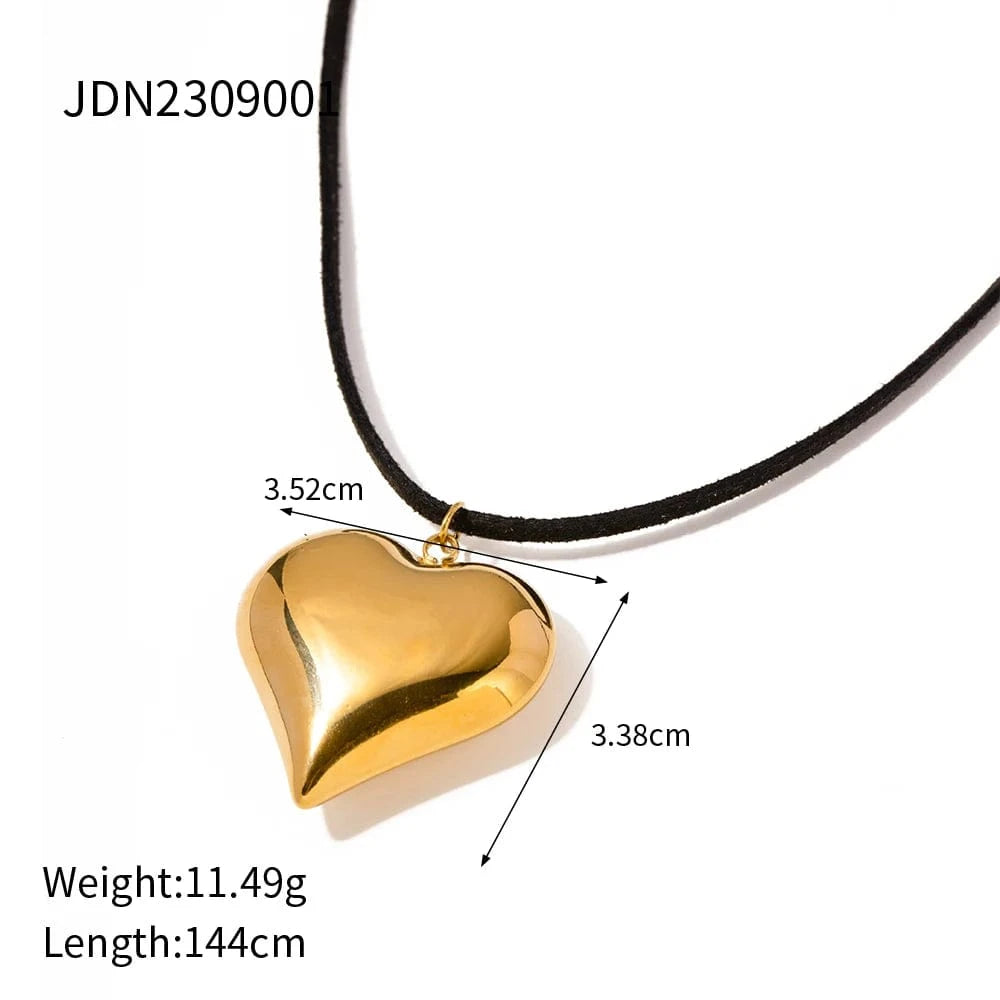 fashion / JDN2309001 N2130 18K Gold Plated Stainless Steel Black Cord 3D Heart Pendant Chunky Choker Adjustable Necklace Women