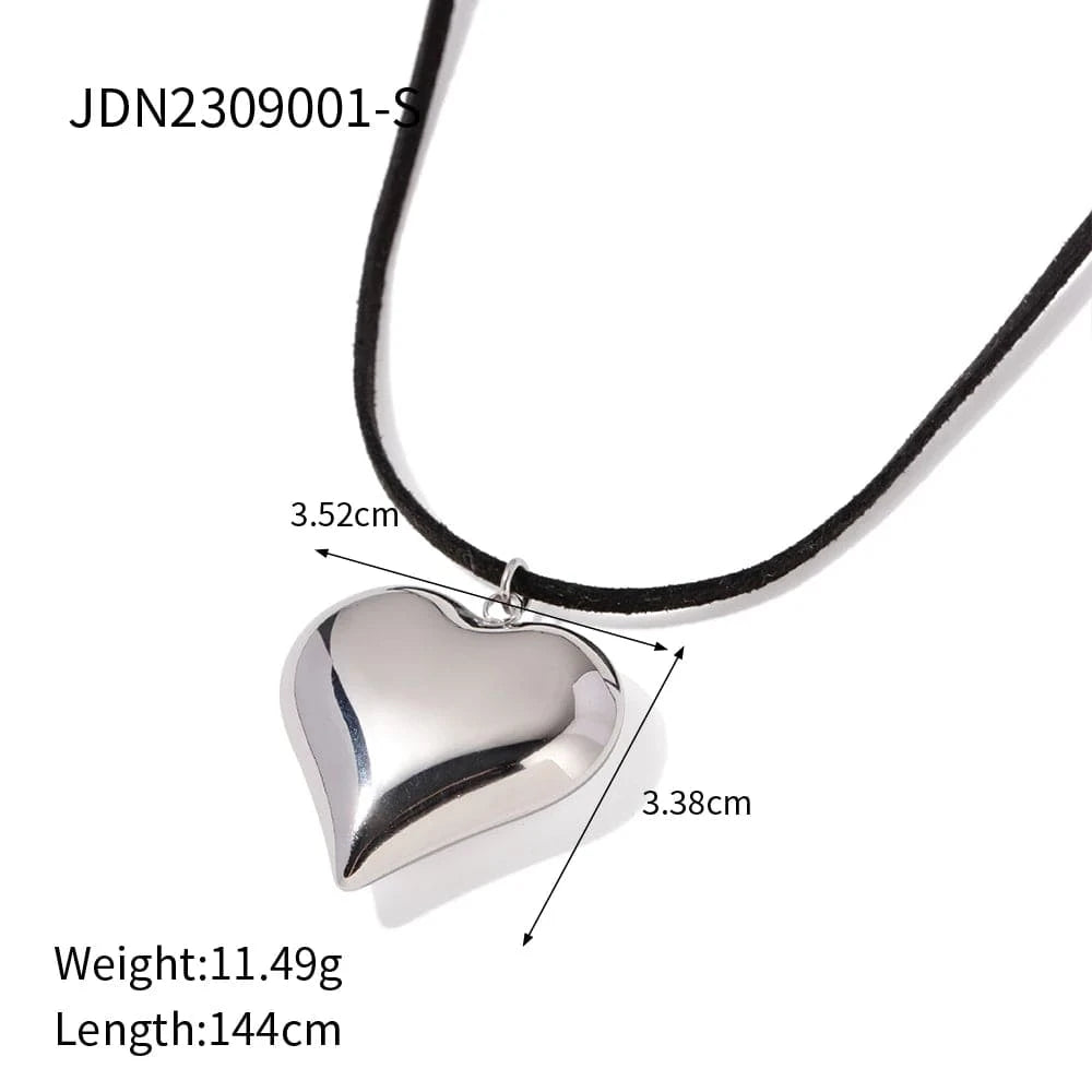 fashion / JDN2309001 -S N2130 18K Gold Plated Stainless Steel Black Cord 3D Heart Pendant Chunky Choker Adjustable Necklace Women