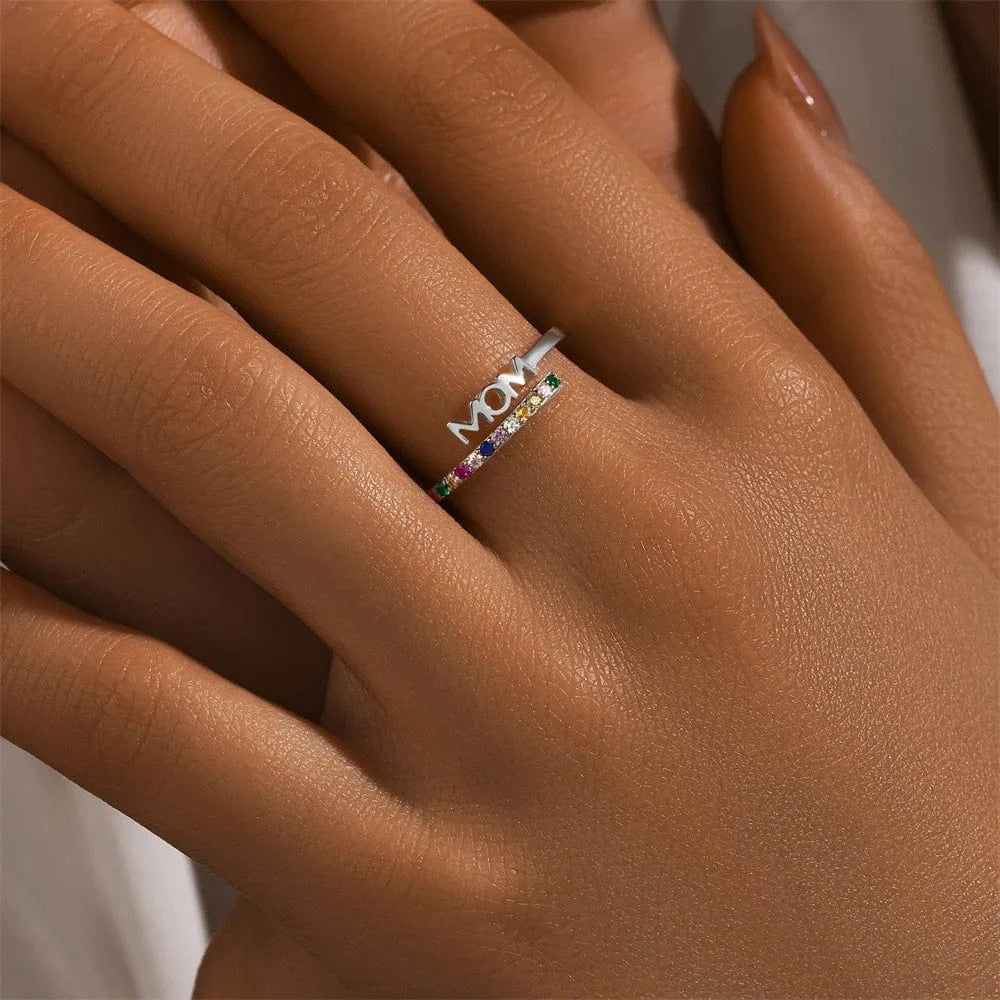 Fashion Jewelry 925 Sterling Silver Rings Letter MOM Diamond Colorful Zircon Gold Plated Open Rings for Women Mother's Day Gift