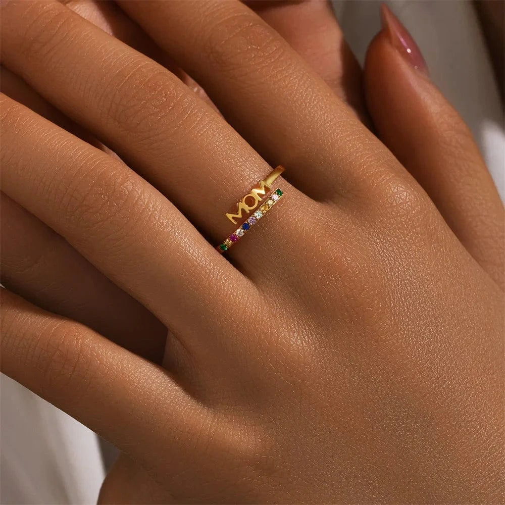 Fashion Jewelry 925 Sterling Silver Rings Letter MOM Diamond Colorful Zircon Gold Plated Open Rings for Women Mother's Day Gift