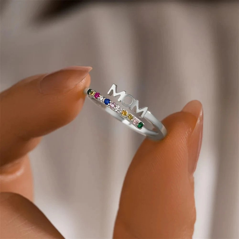 Fashion Jewelry 925 Sterling Silver Rings Letter MOM Diamond Colorful Zircon Gold Plated Open Rings for Women Mother's Day Gift