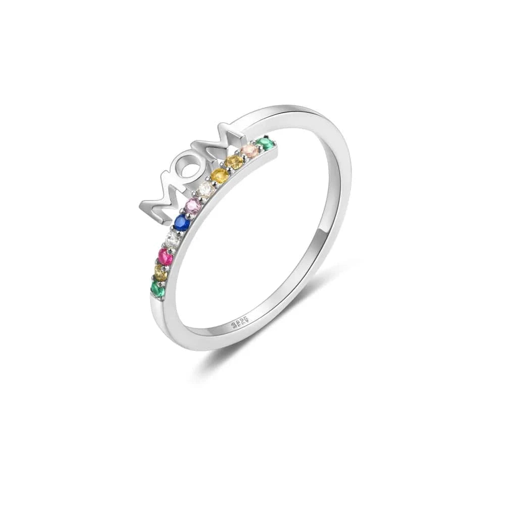 Fashion Jewelry 925 Sterling Silver Rings Letter MOM Diamond Colorful Zircon Gold Plated Open Rings for Women Mother's Day Gift