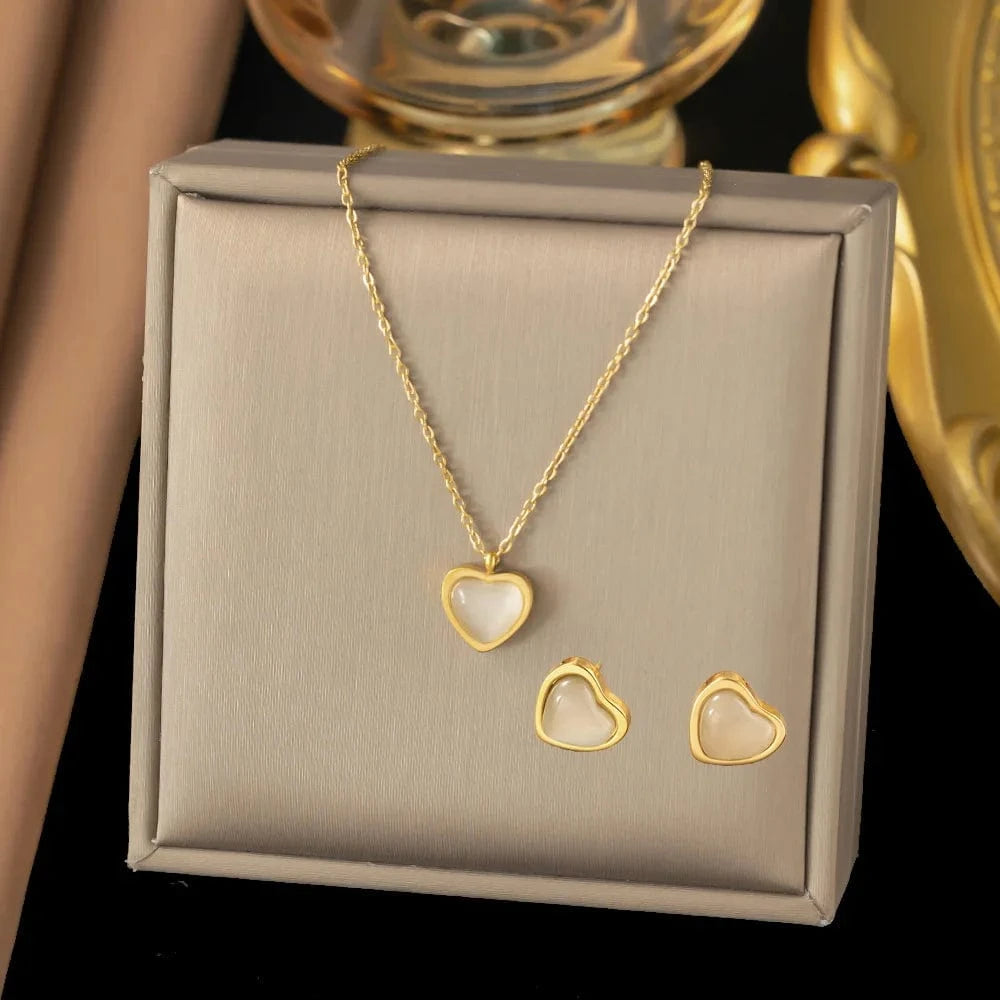 Fashion Jewelry Gold Plated Women's for Engagement Stainless Steel Necklace Earring Set