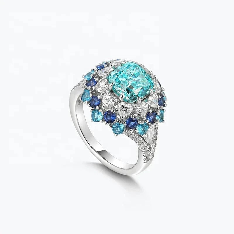 Fashion Jewelry Halo Rings Cushion 8MM Synthetic Paraiba Rings 925 Silver Plated Platinum 2.5 Carat Gemstone Jewelry Women